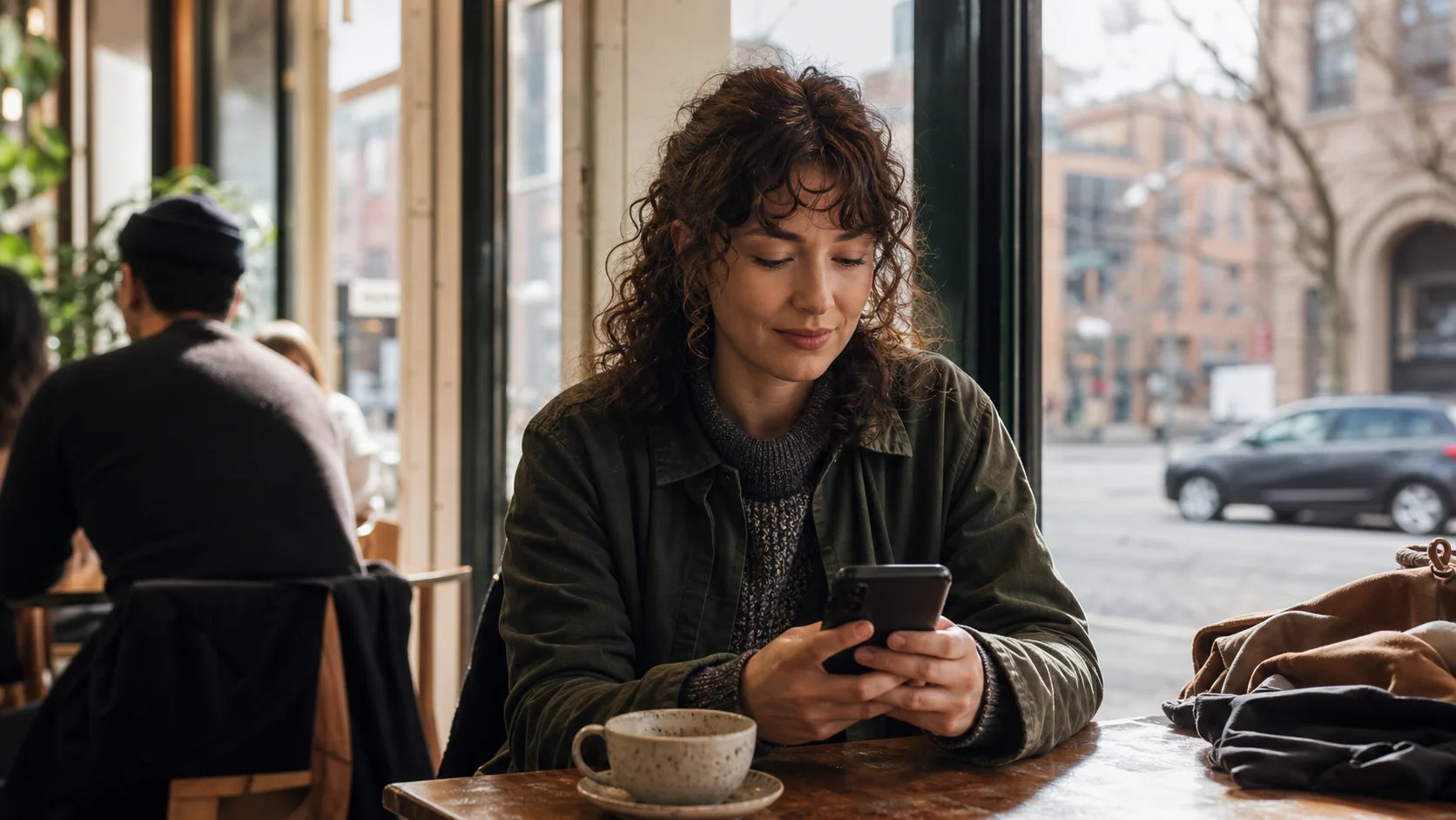 A woman sending a text from a sunny neighborhood cafe