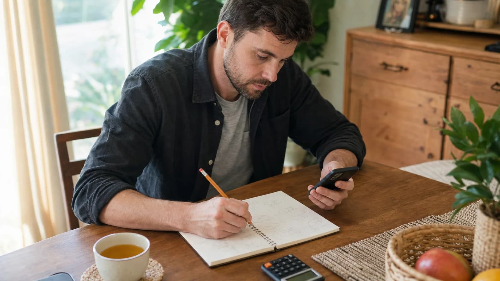 A man comparing phone service options with a notebook, calculator, and smartphone