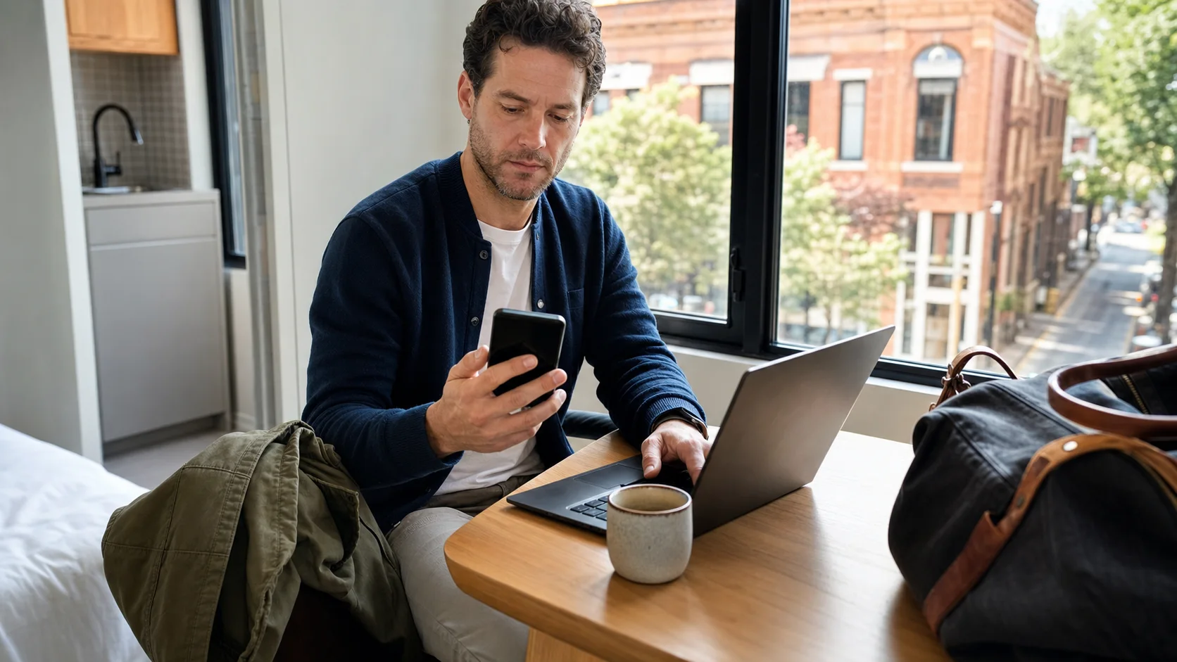 A traveler checking a phone-number option on his phone in a bright city apartment