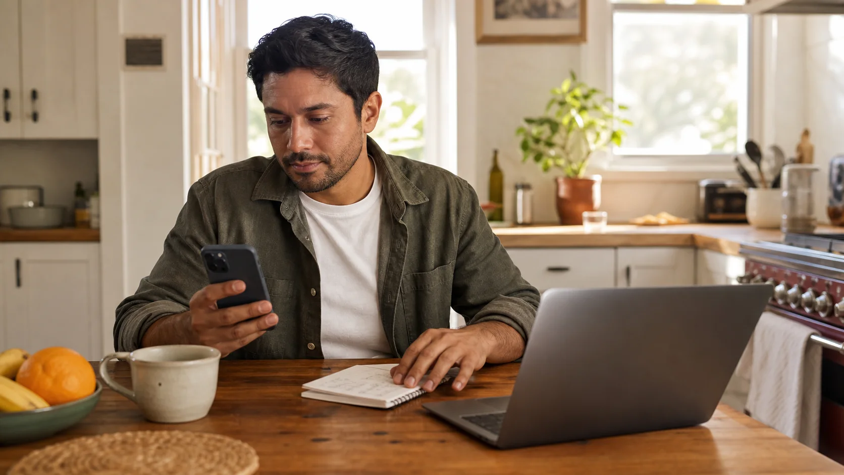 A man comparing phone options on a smartphone and laptop at a bright kitchen table