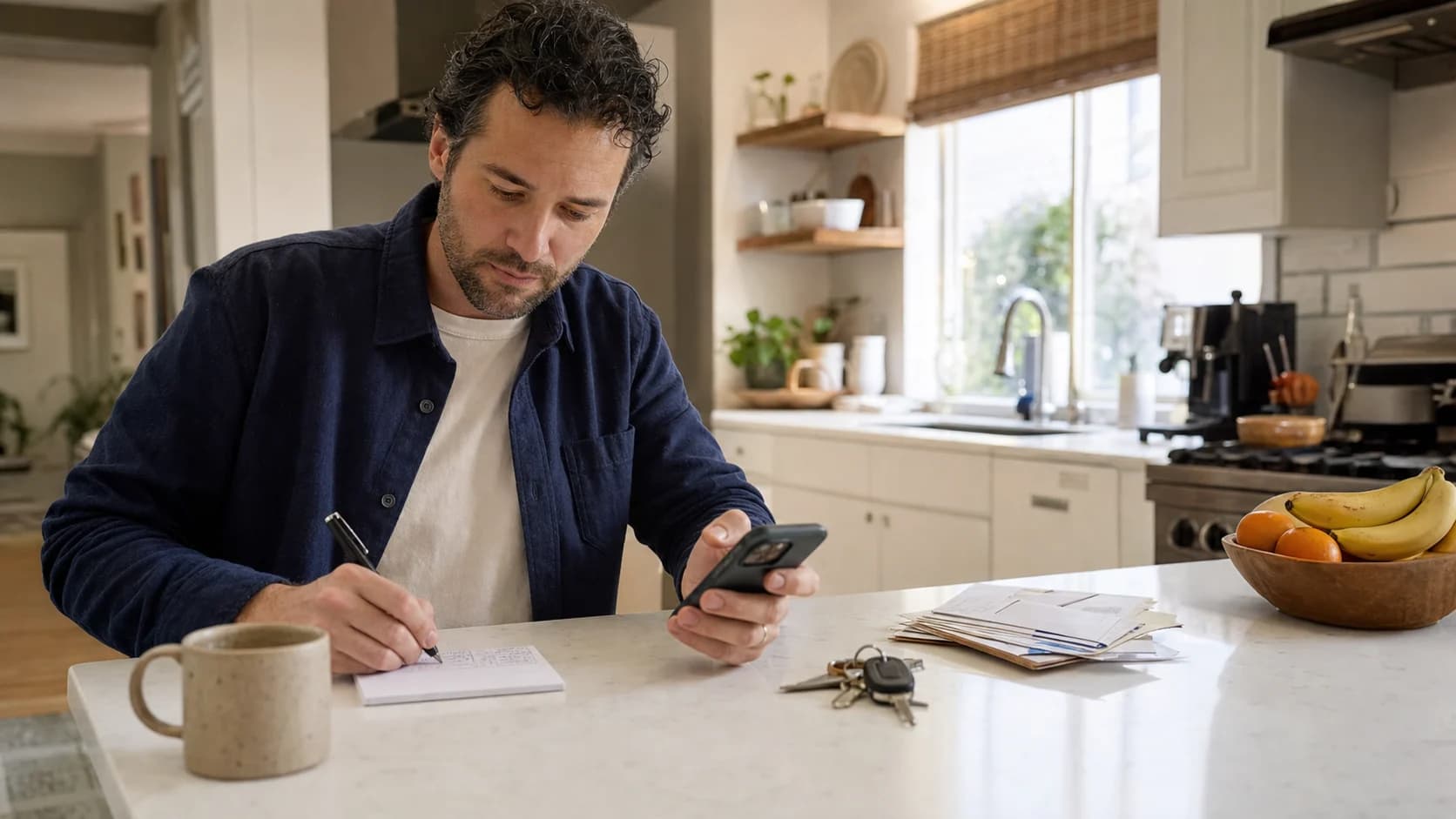 A man writing a short setup checklist beside his phone at a sunny kitchen counter