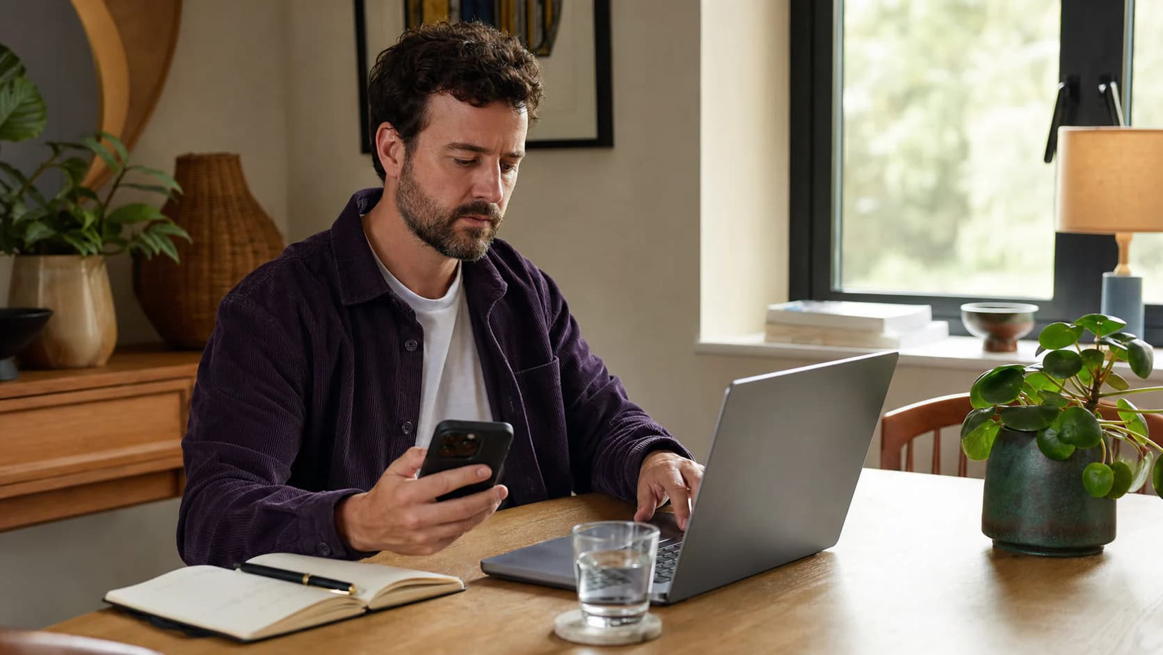 A man deciding which phone number to enter on an online form at home