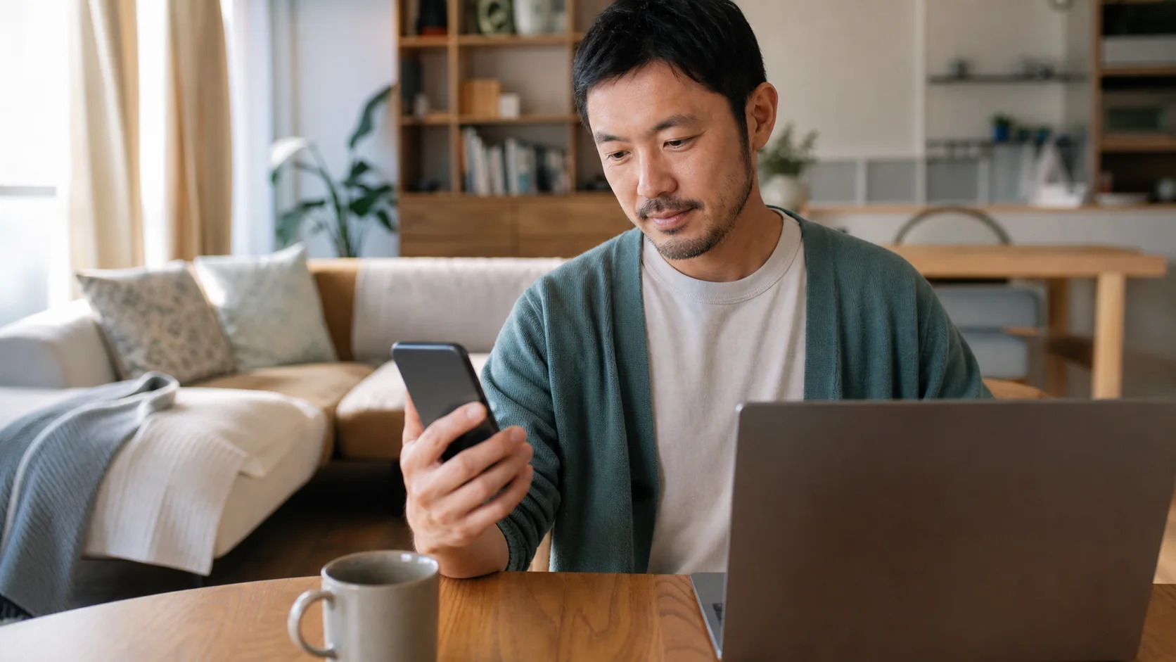 A man using a smartphone beside his laptop in a comfortable apartment
